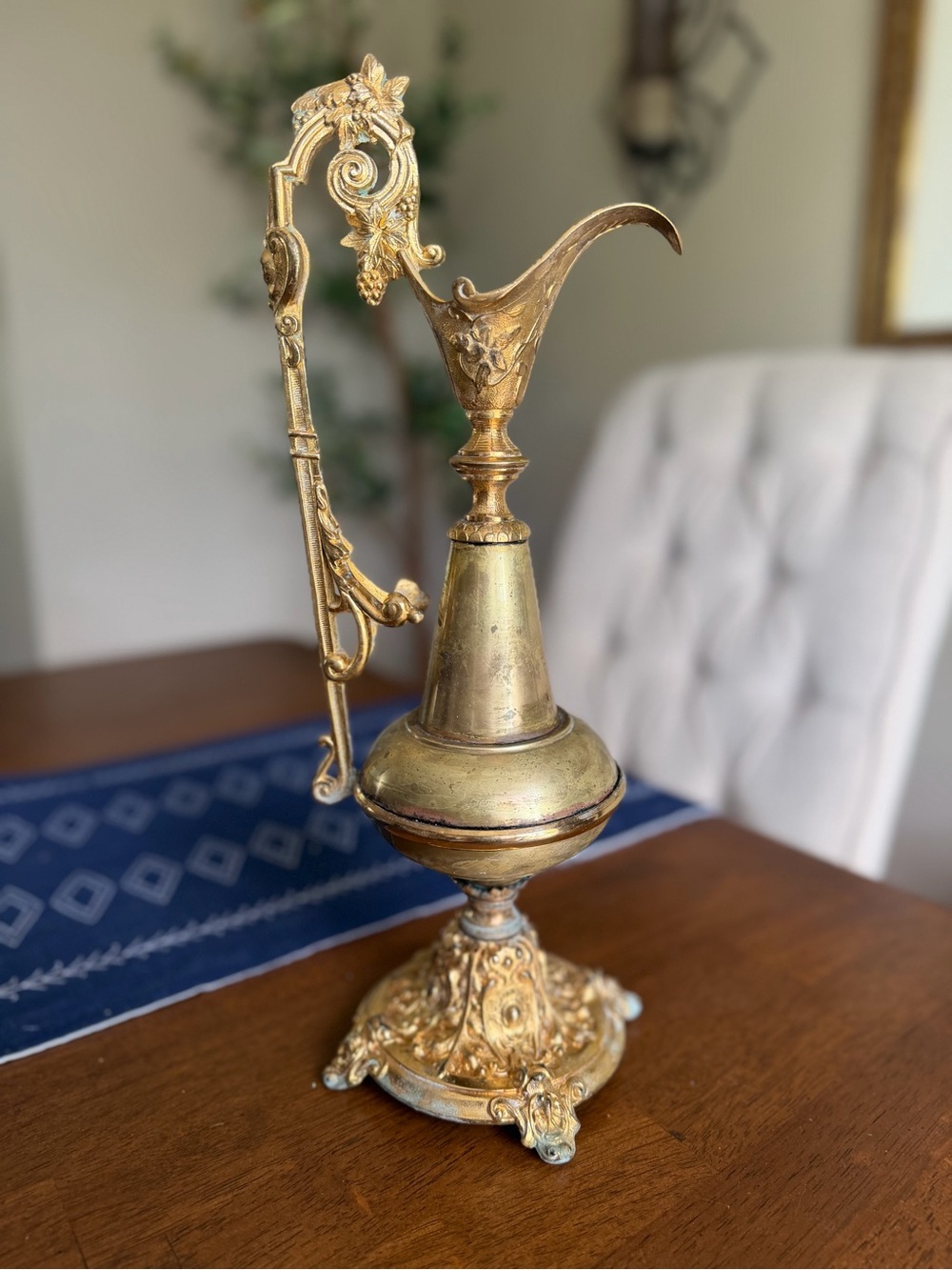 Ornate Vintage-Style Brass Ewer Pitcher - Gold Finish